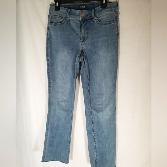 NYDJ Marilyn Straight Lift X Tuck Medium Washed Blue Raw Hem Jeans Sz 4 Tall - Picture 1 of 10
